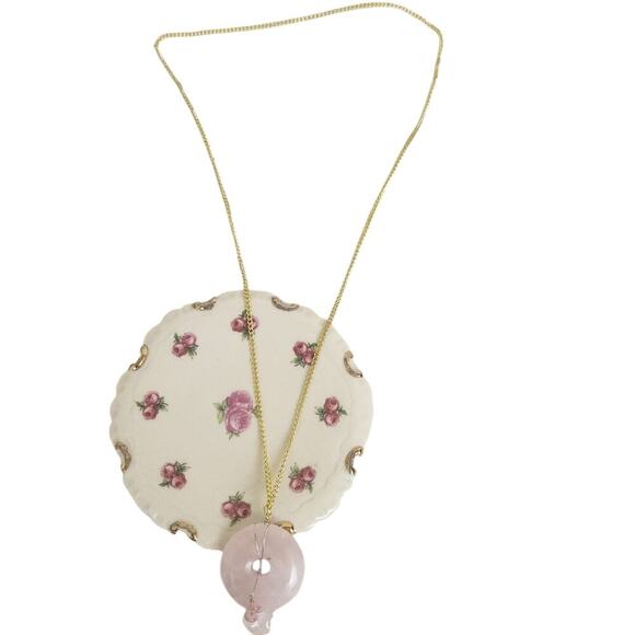 14K Gold Plated Quartz Donut Medallion Necklace Worry Stone Heart Chakra - Picture 1 of 6